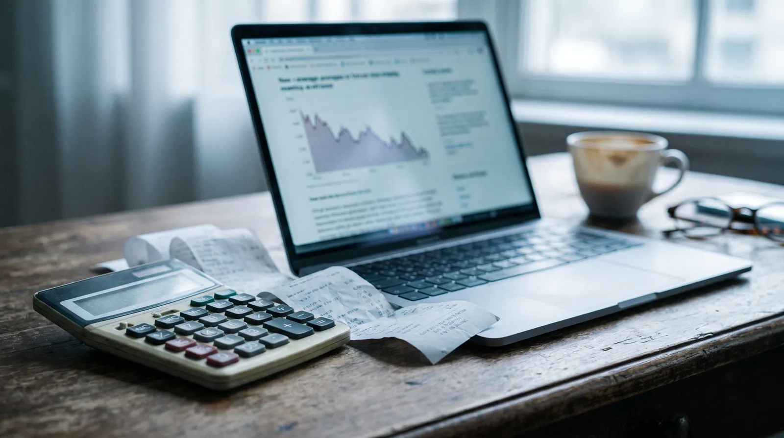 A calculator and receipts on a desk beside a laptop showing a blurred ads dashboard