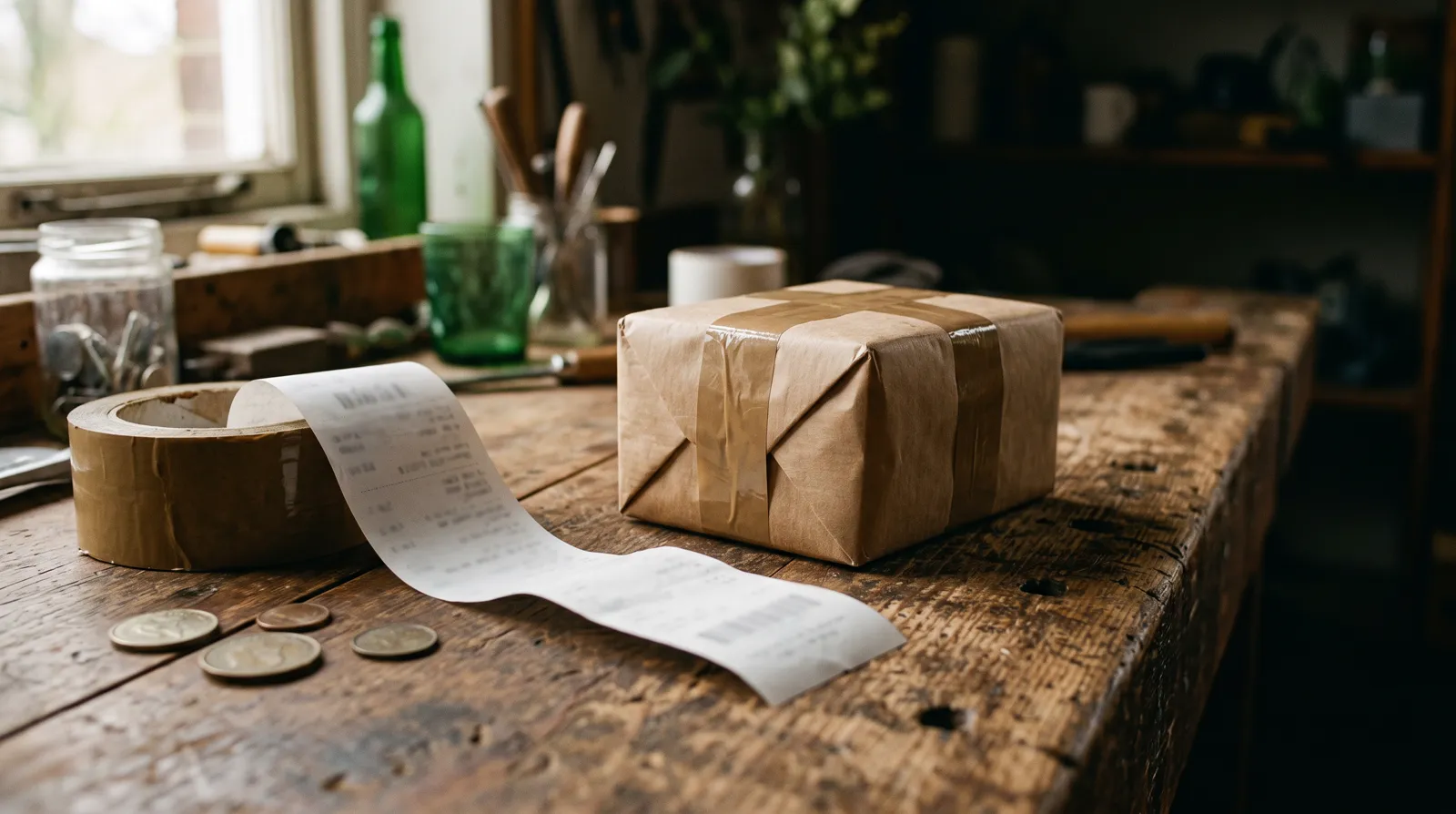 A stack of coins and a receipt beside a wrapped parcel on a workbench