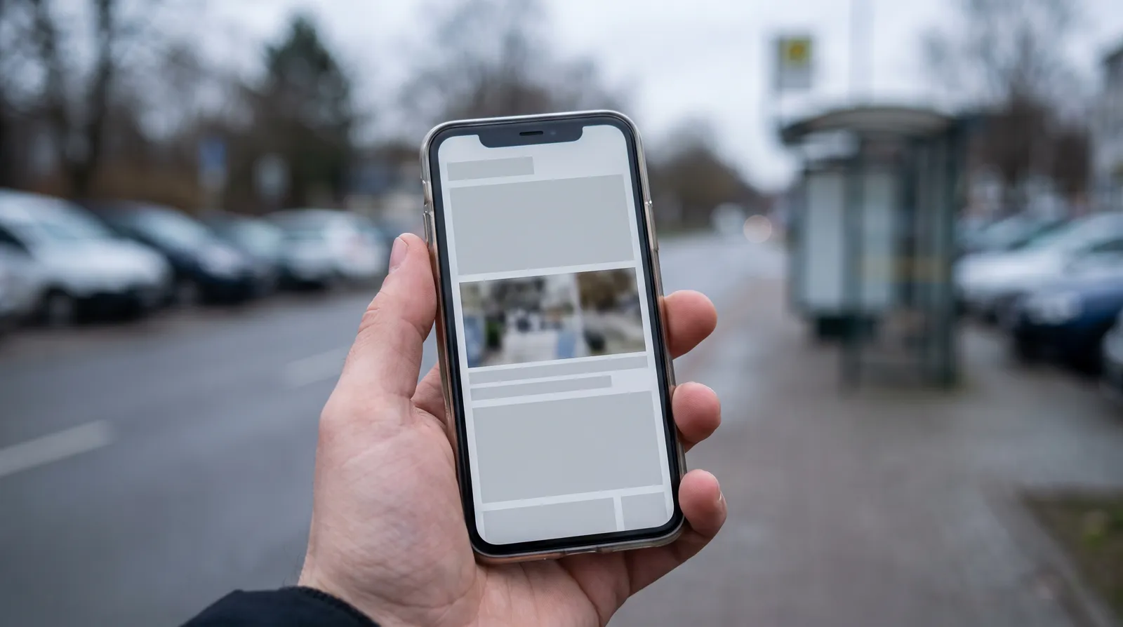 A hand holding a phone at a roadside bus stop, a web page still half loaded on the screen