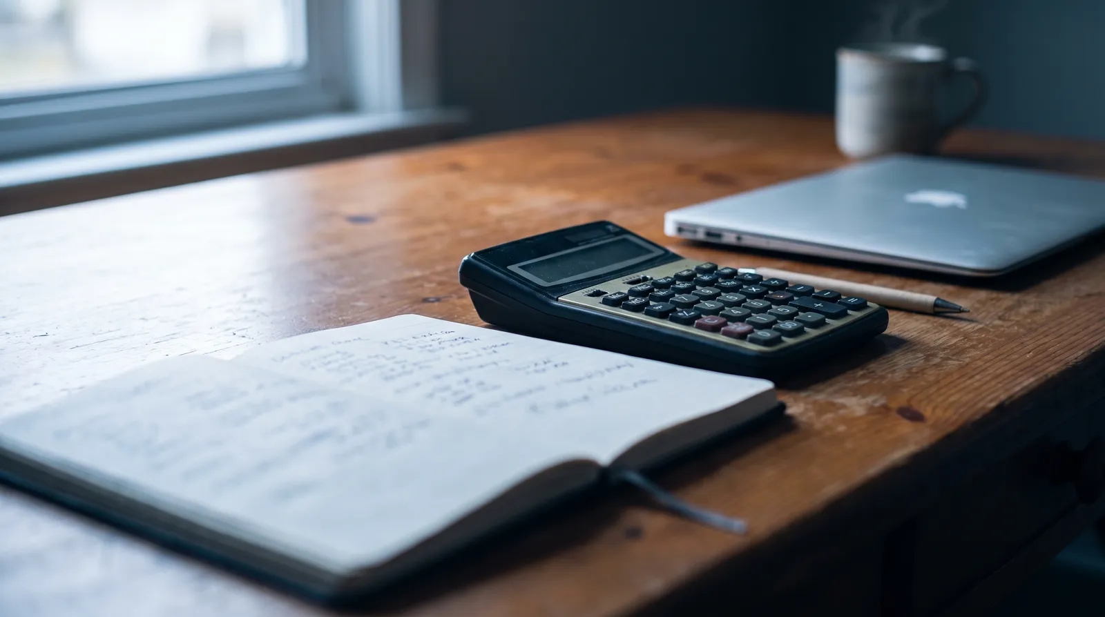 A notebook of handwritten figures beside a calculator and a laptop on a small shop desk