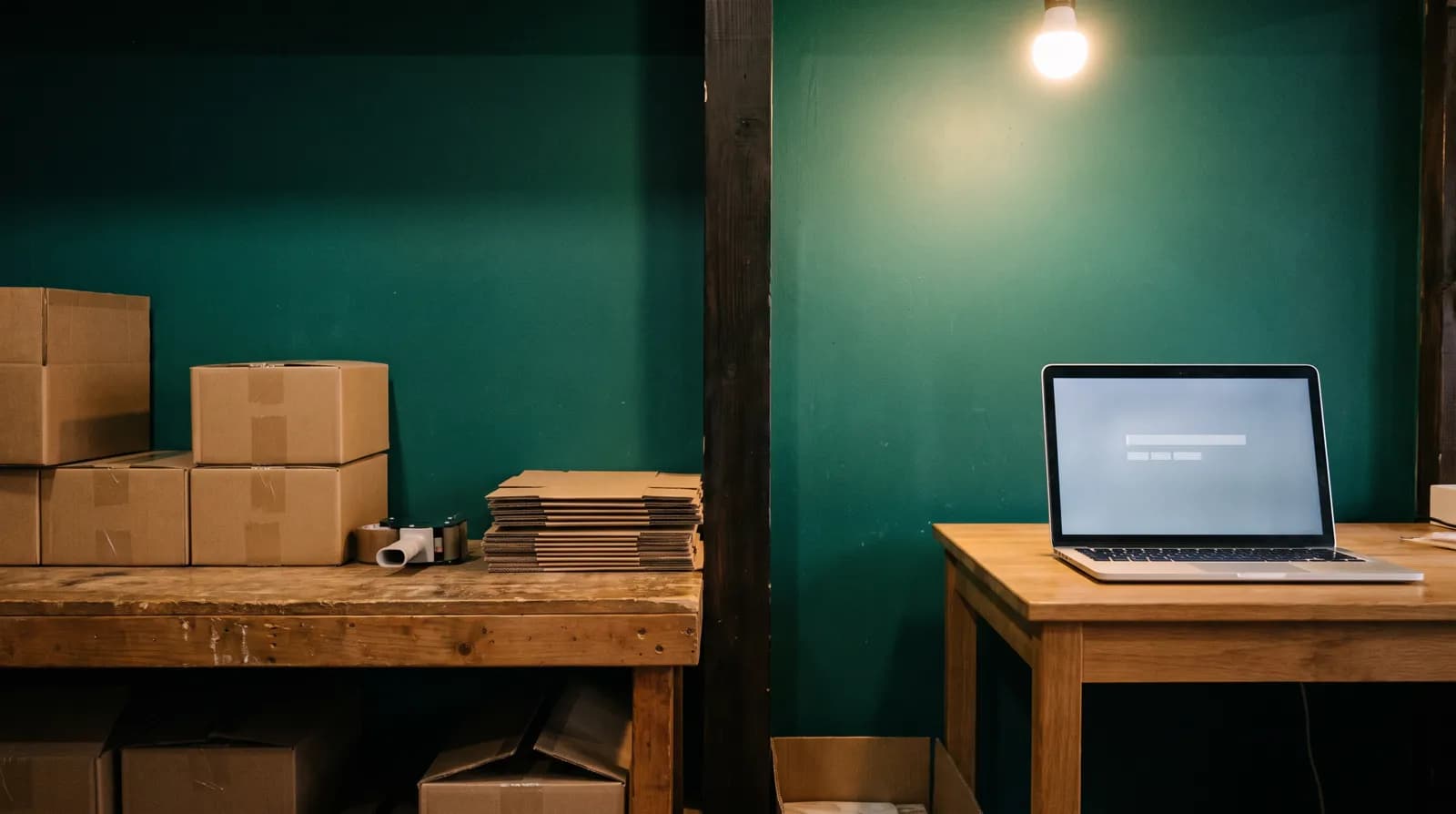 A small shop back room with a packing bench on one side and a laptop workstation on the other