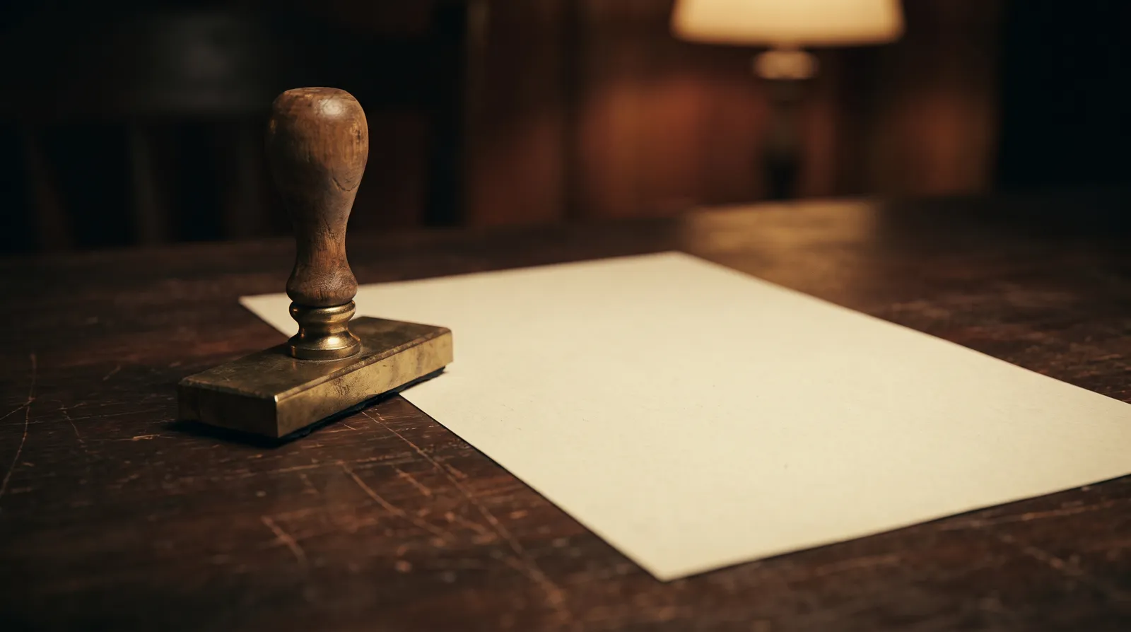 A brass stamp resting beside paper on a wooden desk in warm lamplight