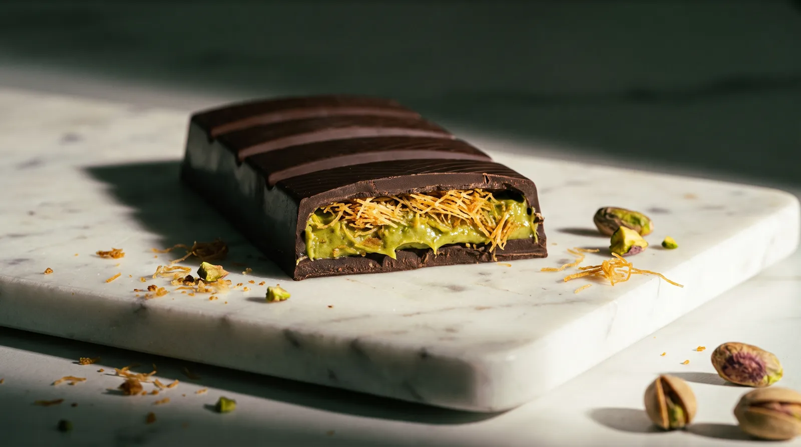 A cross-section of a pistachio-filled chocolate bar on marble