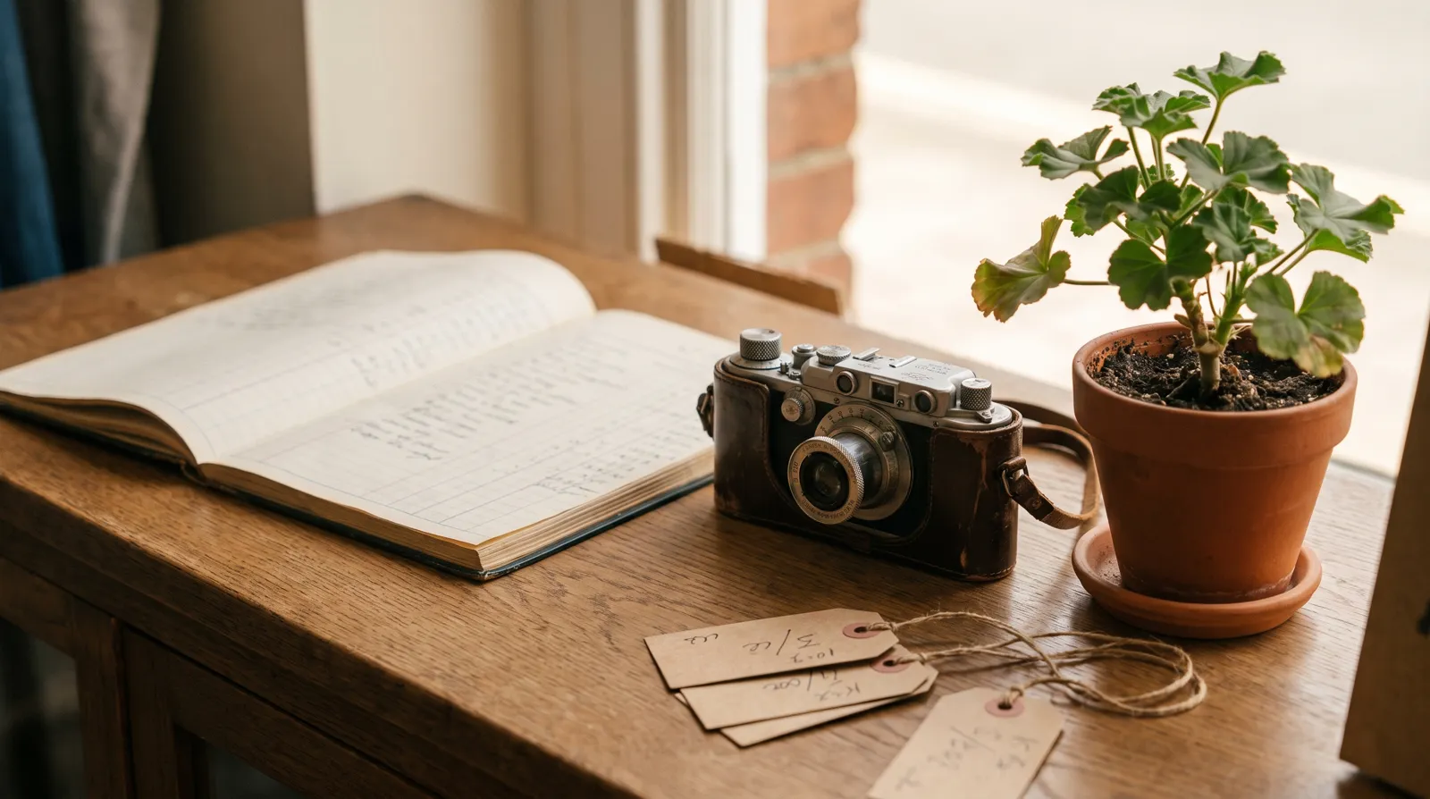 An open ledger, a camera and handwritten price tags on a wooden table beside a window