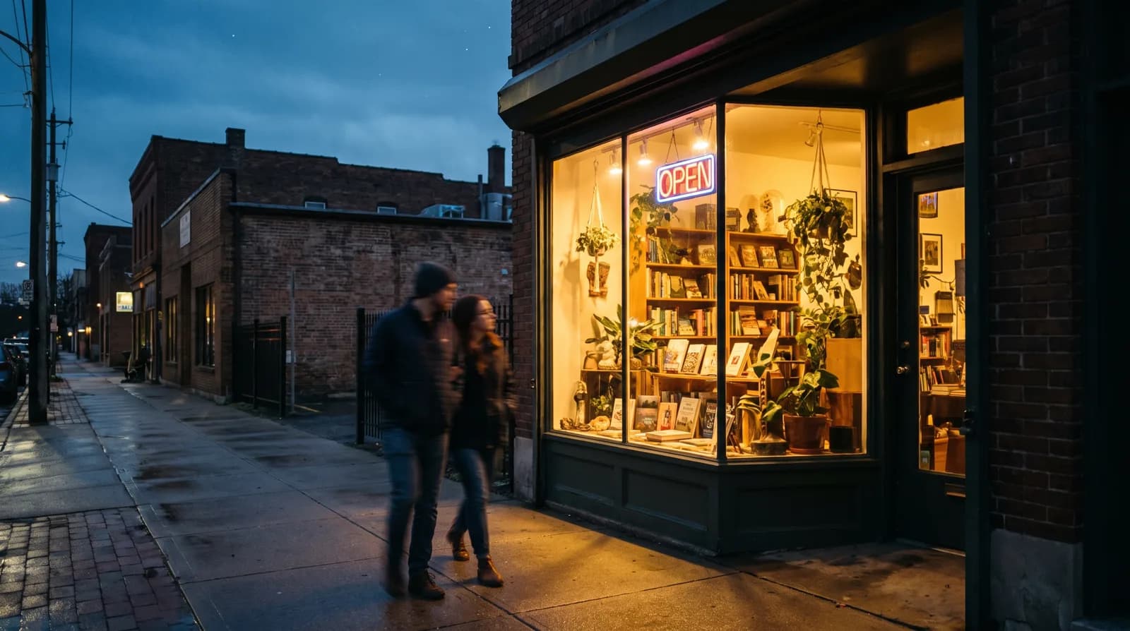 A small shop storefront glowing at dusk on a quiet street, light spilling onto the sidewalk