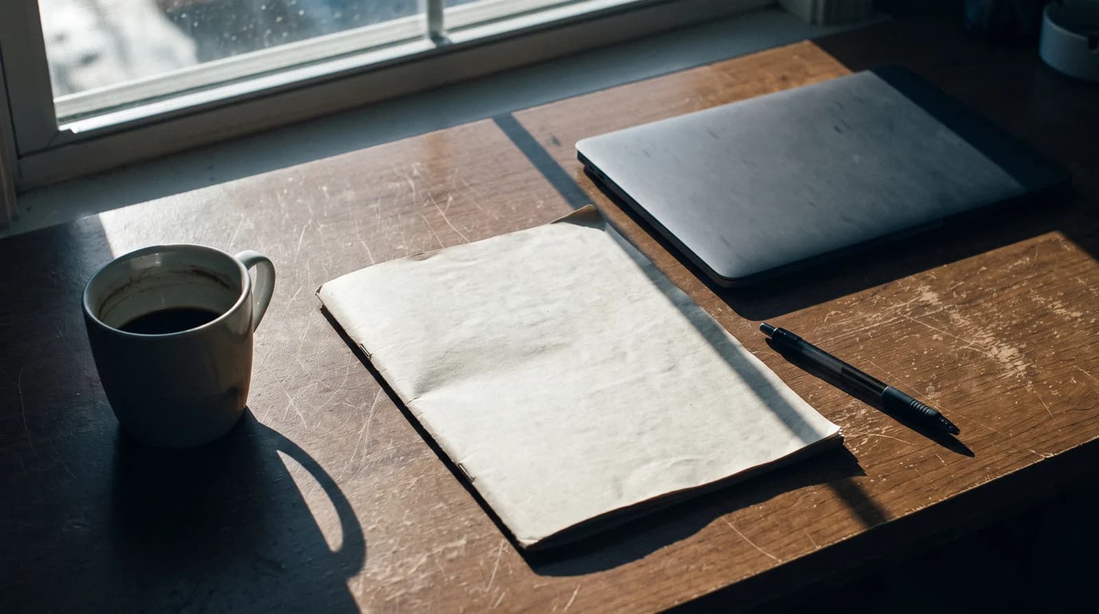 A thin stapled document on a wooden desk beside a closed laptop in harsh morning light
