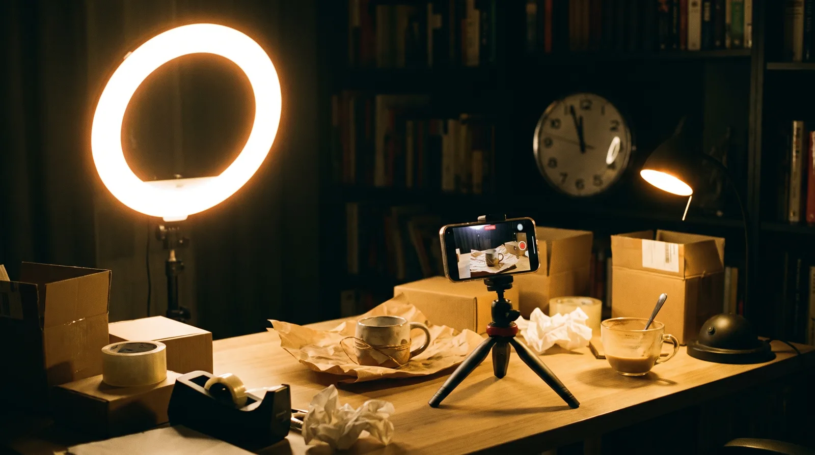 A home desk at midnight with a ring light and a phone on a tripod filming a handmade product