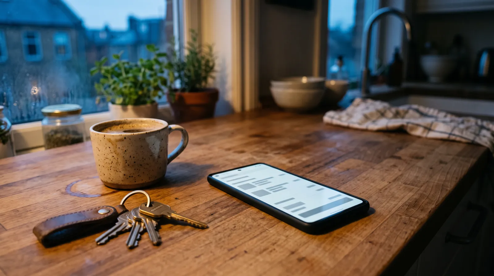 A phone left face up on a kitchen counter beside a set of keys and a cooling coffee, a checkout page still open on the screen