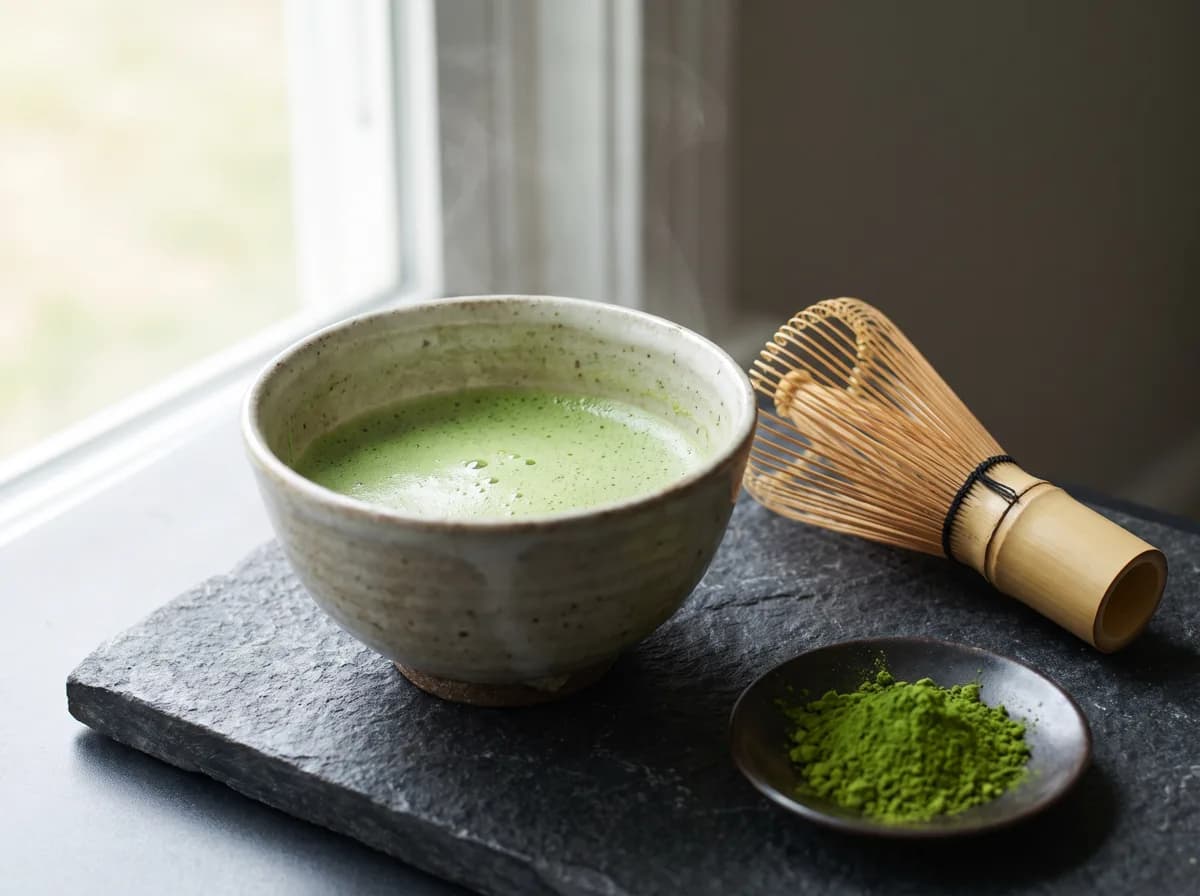 A bowl of whisked matcha with a bamboo whisk on dark stone