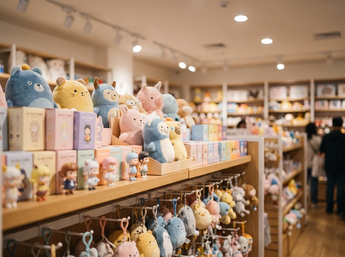 A toy store shelf of collectible plush toys and pastel blind boxes
